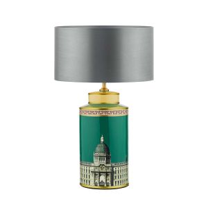 Prospect 1 Light E27 Green/Gold Table Lamp With In-Line Switch C/W Hilda Grey Faux Silk 40cm Drum Shade