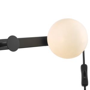 Rack 1 Light G9 Matt Black Wall Light & Coat Hook With inline Plug & Switch C/W Opal Glass Globe Shade