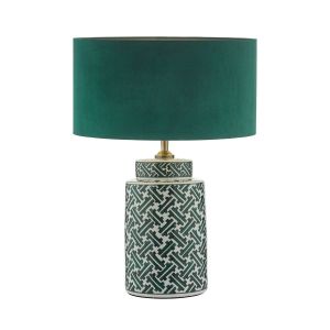 Reese 1 Light E27 Green & Blue Print Ceramic Table Lamp With Inline Switch C/W Akavia Green Velvet Drum Shade With Self Coloured Cotton Lining