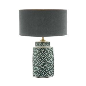 Reese 1 Light E27 Green & Blue Print Ceramic Table Lamp With Inline Switch C/W Akavia Grey Velvet Drum Shade With Self Coloured Cotton Lining