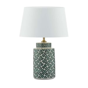 Reese 1 Light E27 Green & Blue Print Ceramic Table Lamp With Inline Switch C/W Cezanne White Faux Silk Tapered 35cm Drum Shade