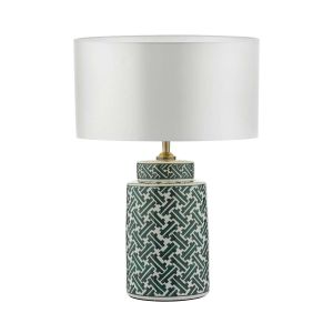 Reese 1 Light E27 Green & Blue Print Ceramic Table Lamp With Inline Switch C/W Hilda Ivory Faux Silk 35cm Drum Shade