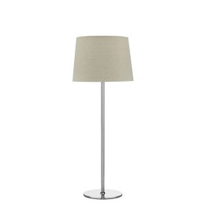 Rimini 1 Light E27 Satin Chrome Table Lamp With Inline Switch C/W Cane Natural Linen Tapered 25cm Drum Shade