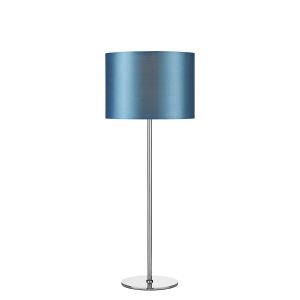 Rimini 1 Light E27 Satin Chrome Table Lamp With Inline Switch C/W Elsa Blue Faux Silk 25cm Drum Shade