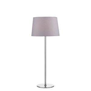Rimini 1 Light E27 Satin Chrome Table Lamp With Inline Switch C/W Wickford Grey Cotton Tapered 26cm Drum Shade