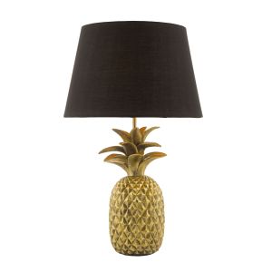Safa 1 Light E27 Gold Pineapple Sculptured Table Lamp With Inline Switch C/W Black Cotton Tapered Drum Shade