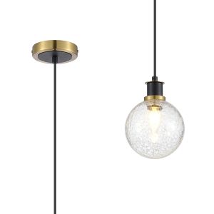 Salas 1.3m Pendant, 1 Light E14 With 15cm Round Crackled Glass Shade, Brass, Clear & Satin Black