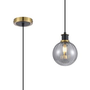 Salas 1.3m Pendant, 1 Light E14 With 15cm Round Segment Glass Shade, Brass, Smoke Plated & Satin Black