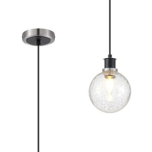 Salas 1.3m Pendant, 1 Light E14 With 15cm Round Crackled Glass Shade, Satin Nickel, Clear & Satin Black