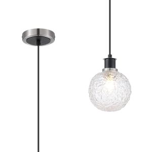 Salas 1.3m Pendant, 1 Light E14 With 15cm Round Textured Crumple Glass Shade, Satin Nickel, Clear & Satin Black