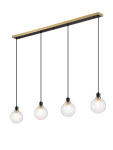 Salas 1.3m Linear Pendant, 4 Light E14 With 15cm Round Dimpled Glass Shade, Brass, Clear & Satin Black