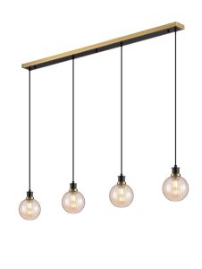 Salas 1.3m Linear Pendant, 4 Light E14 With 15cm Round Segment Glass Shade, Brass, Amber Plated & Satin Black