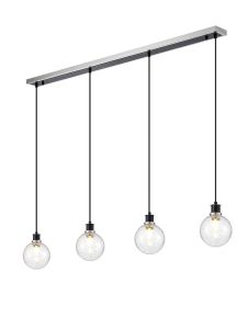 Salas 1.3m Linear Pendant, 4 Light E14 With 15cm Round Crackled Glass Shade, Satin Nickel, Clear & Satin Black