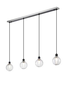 Salas 1.3m Linear Pendant, 4 Light E14 With 15cm Round Textured Melting Glass Shade, Satin Nickel, Clear & Satin Black