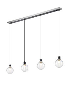 Salas 1.3m Linear Pendant, 4 Light E14 With 15cm Round Ribbed Glass Shade, Satin Nickel, Clear & Satin Black