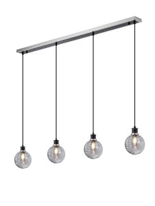 Salas 1.3m Linear Pendant, 4 Light E14 With 15cm Round Double Textured Smooth/Ribbed Glass Shade, Satin Nickel, Smoke Plated & Satin Black