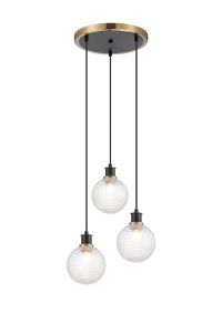 Salas 1.3m Round Pendant, 3 Light E14 With 15cm Round Textured Diamond Pattern Glass Shade, Brass, Clear & Satin Black