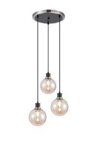 Salas 1.3m Round Pendant, 3 Light E14 With 15cm Round Glass Shade, Satin Nickel, Amber Plated & Satin Black