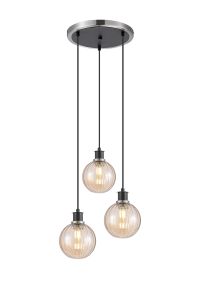 Salas 1.3m Round Pendant, 3 Light E14 With 15cm Round Segment Glass Shade, Satin Nickel, Amber Plated & Satin Black