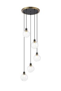 Salas 1.8m Round Pendant, 5 Light E14 With 15cm Round Glass Shade, Brass, Clear & Satin Black