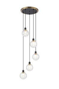Salas 1.8m Round Pendant, 5 Light E14 With 15cm Round Crackled Glass Shade, Brass, Clear & Satin Black