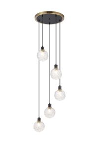 Salas 1.8m Round Pendant, 5 Light E14 With 15cm Round Textured Crumple Glass Shade, Brass, Clear & Satin Black