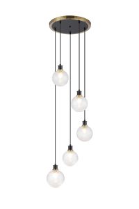 Salas 1.8m Round Pendant, 5 Light E14 With 15cm Round Dimpled Glass Shade, Brass, Clear & Satin Black