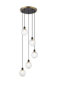 Salas 1.8m Round Pendant, 5 Light E14 With 15cm Round Textured Melting Glass Shade, Brass, Clear & Satin Black