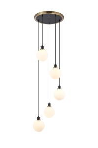 Salas 1.8m Round Pendant, 5 Light E14 With 15cm Round Glass Shade, Brass, Opal & Satin Black