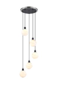 Salas 1.8m Round Pendant, 5 Light E14 With 15cm Round White & Grey Marble Effect Glass Shade, Satin Nickel & Satin Black Framework