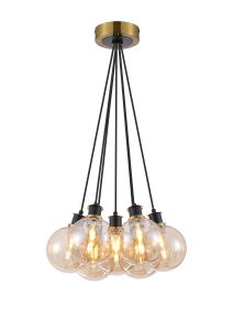 Salas 1.3m Round Cluster Pendant, 7 Light E14 With 15cm Round Glass Shade, Brass, Amber Plated & Satin Black