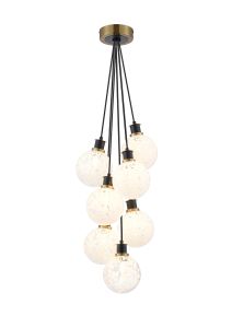 Salas 1.3m Round Cluster Pendant, 7 Light E14 With 15cm Round Speckled Glass Shade, Brass, White & Satin Black