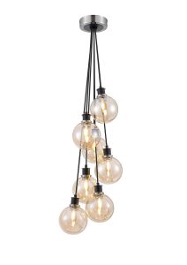 Salas 1.3m Round Cluster Pendant, 7 Light E14 With 15cm Round Glass Shade, Satin Nickel, Amber Plated & Satin Black