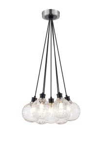 Salas 1.3m Round Cluster Pendant, 7 Light E14 With 15cm Round Textured Melting Glass Shade, Satin Nickel, Clear & Satin Black