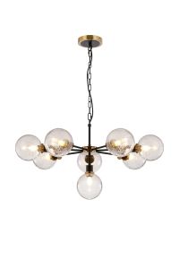 Salas Pendant, 8 Light E14 With 15cm Round Crackled Glass Shade, Brass, Clear & Satin Black