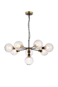 Salas Pendant, 8 Light E14 With 15cm Round Textured Melting Glass Shade, Brass, Clear & Satin Black