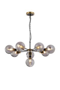 Salas Pendant, 8 Light E14 With 15cm Round Double Textured Smooth / Ribbed Glass Shade, Brass, Smoke Plated & Satin Black