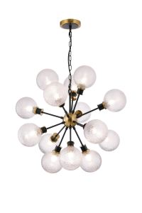 Salas Pendant, 14 Light E14 With 15cm Round Dimpled Glass Shade, Brass, Clear & Satin Black