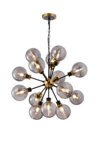 Salas Pendant, 14 Light E14 With 15cm Round Double Textured Smooth / Ribbed Glass Shade, Brass, Smoke Plated & Satin Black