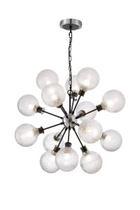 Salas Pendant, 14 Light E14 With 15cm Round Dimpled Glass Shade, Satin Nickel, Clear & Satin Black