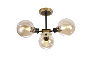 Salas Semi Ceiling, 3 Light E14 With 15cm Round Glass Shade, Brass, Amber Plated & Satin Black