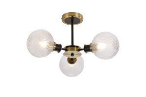 Salas Semi Ceiling, 3 Light E14 With 15cm Round Textured Diamond Pattern Glass Shade, Brass, Clear & Satin Black