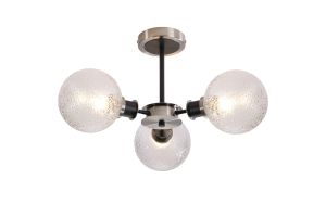 Salas Semi Ceiling, 3 Light E14 With 15cm Round Dimpled Glass Shade, Satin Nickel, Clear & Satin Black