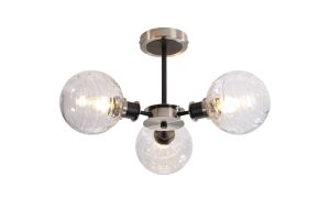 Salas Semi Ceiling, 3 Light E14 With 15cm Round Textured Melting Glass Shade, Satin Nickel, Clear & Satin Black