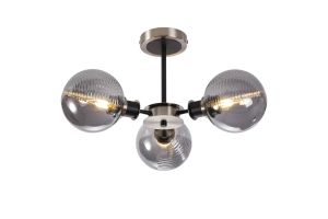 Salas Semi Ceiling, 3 Light E14 With 15cm Round Double Textured Smooth / Ribbed Glass Shade, Satin Nickel, Smoke Plated & Satin Black