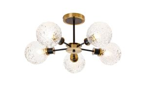 Salas Semi Ceiling, 5 Light E14 With 15cm Round Textured Crumple Glass Shade, Brass, Clear & Satin Black