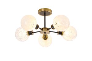 Salas Semi Ceiling, 5 Light E14 With 15cm Round Speckled Glass Shade, Brass, White & Satin Black