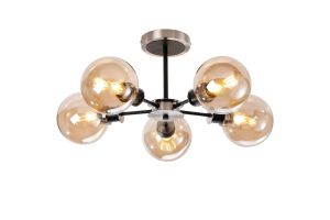Salas Semi Ceiling, 5 Light E14 With 15cm Round Glass Shade, Satin Nickel, Amber Plated & Satin Black