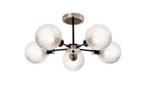 Salas Semi Ceiling, 5 Light E14 With 15cm Round Dimpled Glass Shade, Satin Nickel, Clear & Satin Black