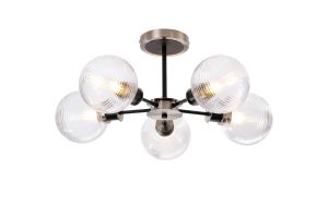 Salas Semi Ceiling, 5 Light E14 With 15cm Round Ribbed Glass Shade, Satin Nickel, Clear & Satin Black